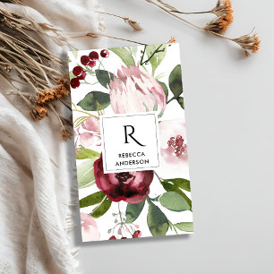 VINTAGE WHITE BLUSH PINK BURGUNDY PROTEA FLORAL BUSINESS CARD