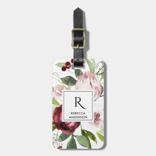 VINTAGE WHITE BLUSH PINK BURGUNDY PROTEA FLORAL LUGGAGE TAG