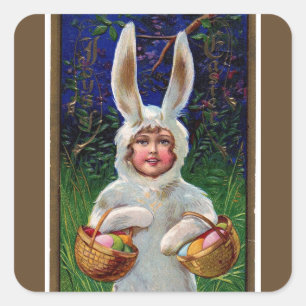 Vintage White Bunny Suit Easter Striped Brown Square Sticker