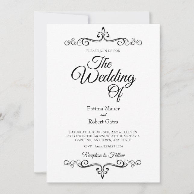 Vintage White Calligraphy Wedding Invitation (Front)
