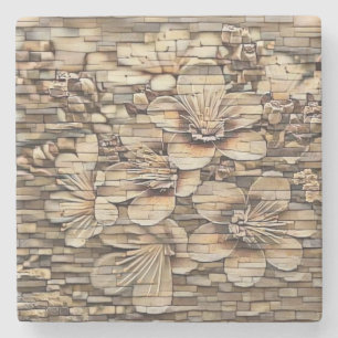 Vintage white cherry blossoms stone wall drawing coaster