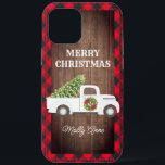 Vintage White Christmas Tree Truck Rustic Plaid iPhone 12 Pro Max Case<br><div class="desc">This personalised phone case design features a "Merry Christmas" message over our vintage white truck carrying a Christmas tree and space for your own text! Additional colour schemes as well as coordinating items are available in this design. Contact us if you need this design applied to a specific product! Thank...</div>