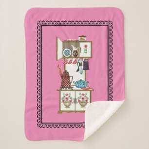 Vintage White Cooking Stove Flowers Coffee Pot Sherpa Blanket