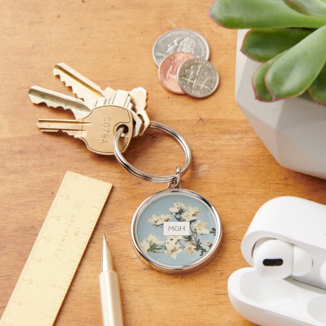 Vintage White Cream Azalea Flowers Monogram Key Ring (Desk)