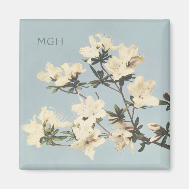 Vintage White Cream Azalea Flowers Monogram Magnet (Front)