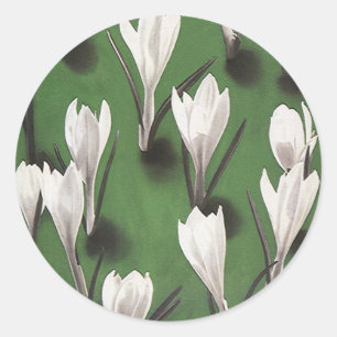 Vintage White Crocus Floral Pattern, Garden Flower Classic Round Sticker