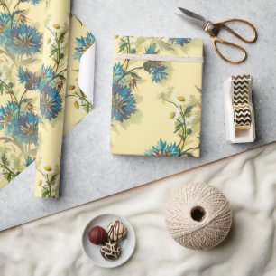 Vintage White Daisies and Blue Cornflowers Pattern Wrapping Paper