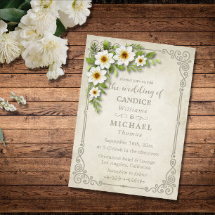 Vintage White Daisy Floral Romantic Rustic Wedding Invitation