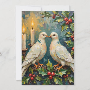 Vintage White Doves and Holly Garland Christmas Holiday Card
