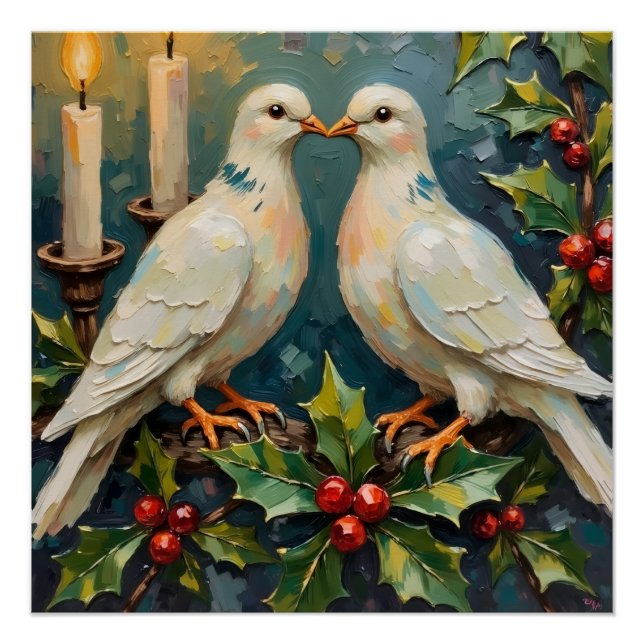 Vintage White Doves and Holly Garland Christmas Poster (Front)