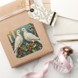 Vintage White Doves and Holly Garland Christmas Square Sticker