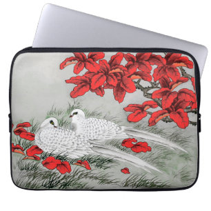 Vintage White Doves and Red Leaves on Grey Laptop Sleeve