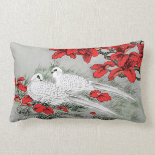 Vintage White Doves and Red Leaves on Grey Lumbar Cushion