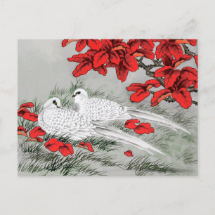 Vintage White Doves and Red Leaves on Grey Postcard