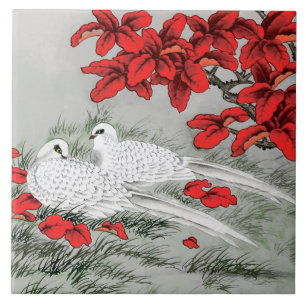 Vintage White Doves and Red Leaves on Grey Tile