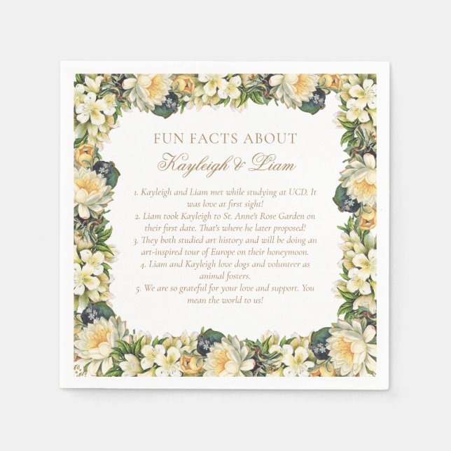Vintage White Floral Fun Facts Wedding Napkin (Front)