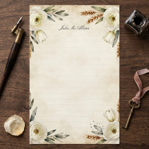 Vintage White Floral Golden Wheat Aged Parchment Stationery