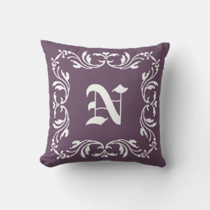 Vintage White Floral Monogram. Plain Old lavender Cushion