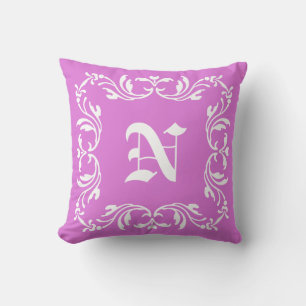 Vintage White Floral Monogram. Plain Orchid Cushion