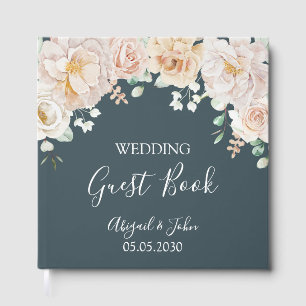 Vintage White Floral Navy Blue Wedding Guest Book