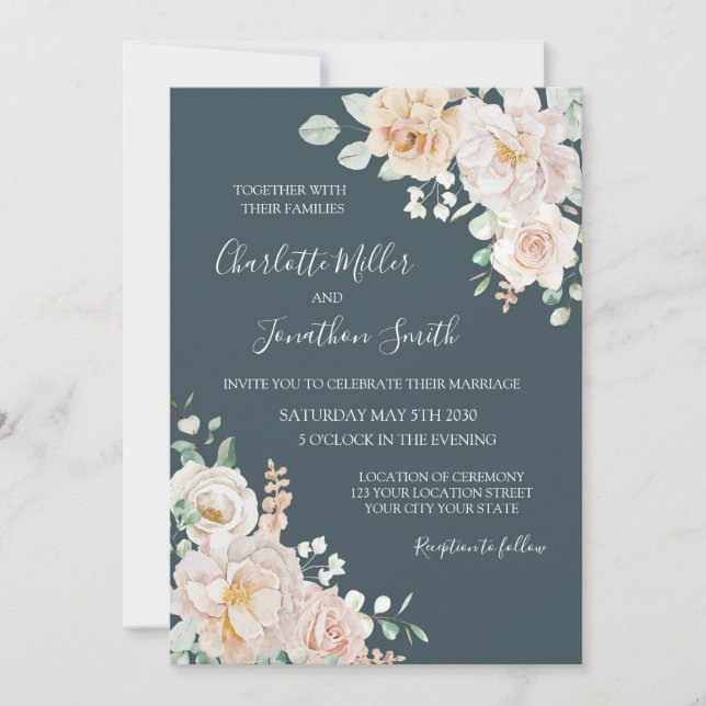Vintage White Floral Navy Blue Wedding Invitations (Front)