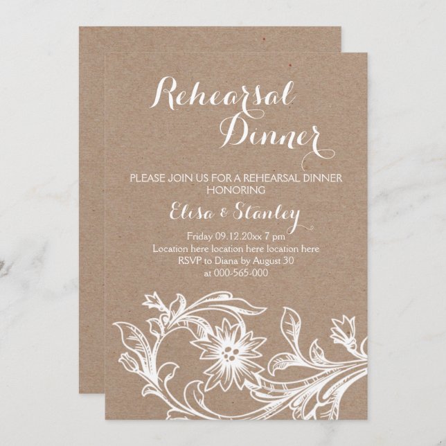 Vintage white floral wedding rehearsal dinner invitation (Front/Back)