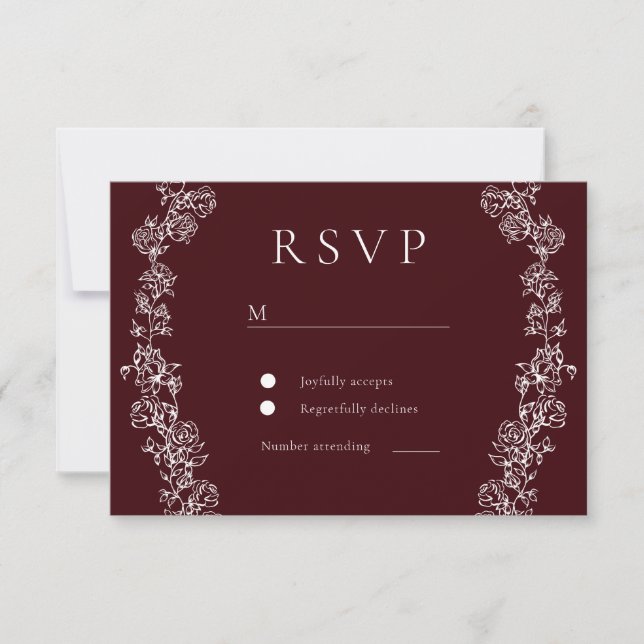 Vintage White Flowers Deep Burgundy Wedding RSVP Card (Front)