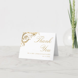 Vintage White Gold Floral Damask Photo Wedding Thank You Card