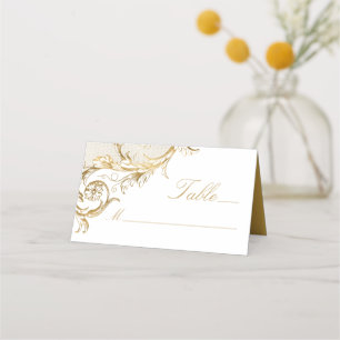 Vintage White Gold Floral Damask Wedding Place Card