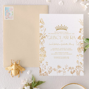 Vintage White Gold Tiara Floral Quinceañera Invitation