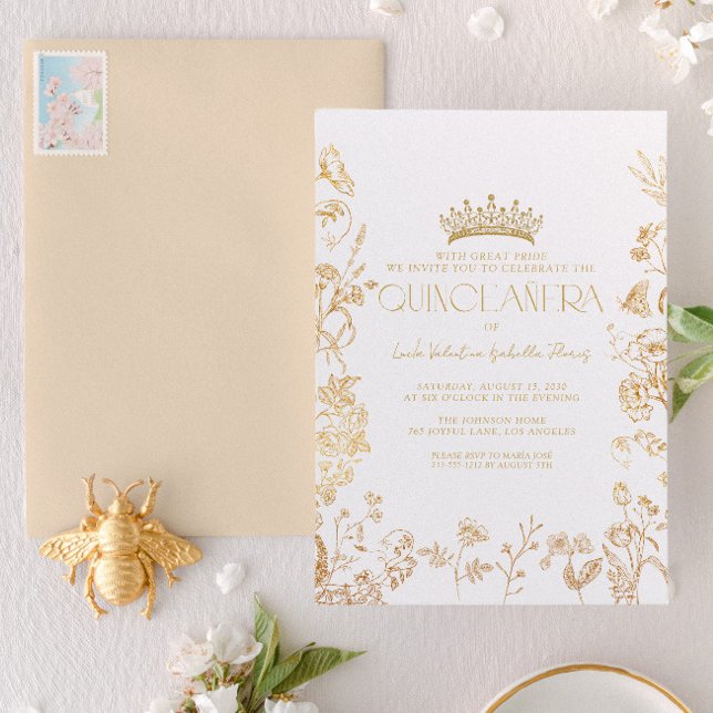 Vintage White Gold Tiara Floral Quinceañera Invitation (Creator Uploaded)