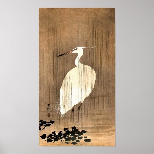 Vintage White Heron in the Rain Poster (Front)