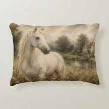 Vintage White Horse Cottage Pillow