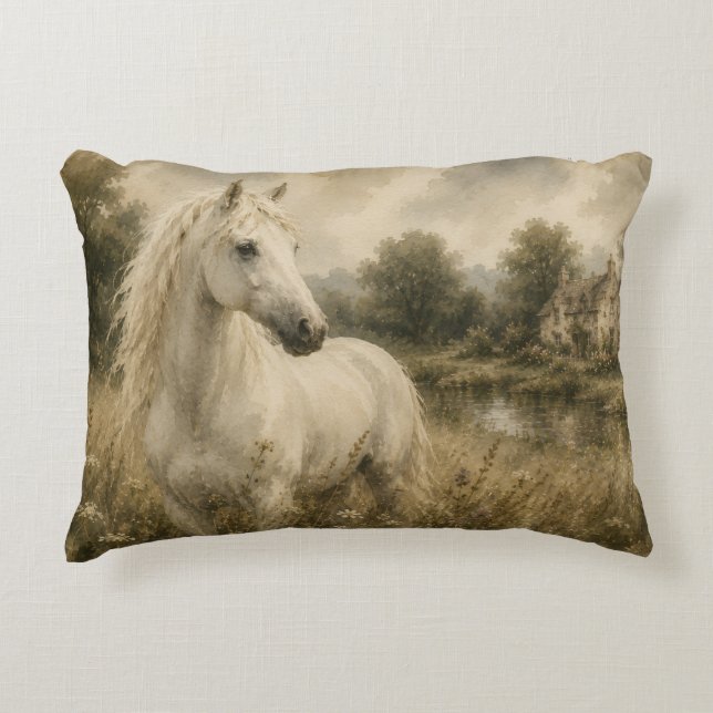 Vintage White Horse Cottage Pillow (Front)