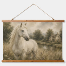 Vintage White Horse Meadow Cottage Wall Hanging