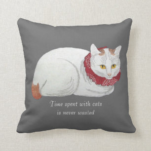 Vintage White Japanese Cat Art Throw Pillow