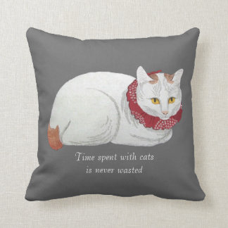 Vintage White Japanese Cat Art Throw Pillow