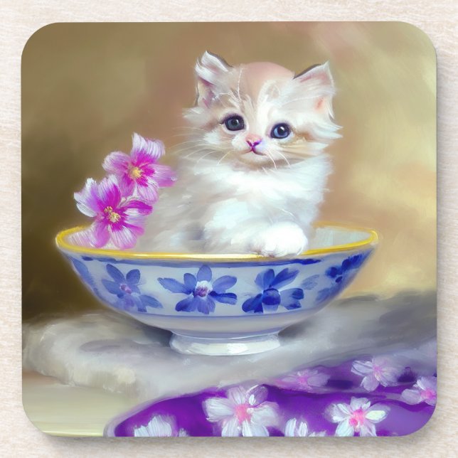 Vintage White Kitten Illustration Coaster (Front)