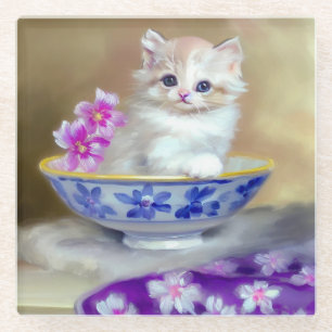 Vintage White Kitten Illustration Glass Coaster