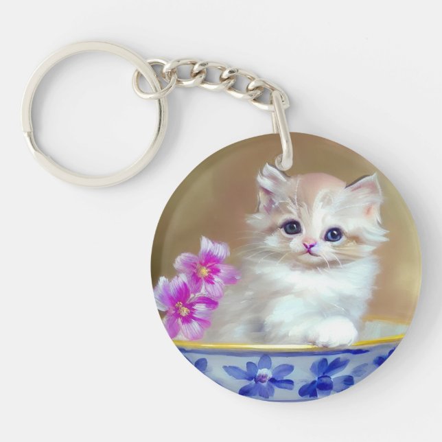 Vintage White Kitten Illustration Key Ring (Front)