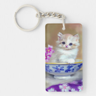 Vintage White Kitten Illustration Key Ring
