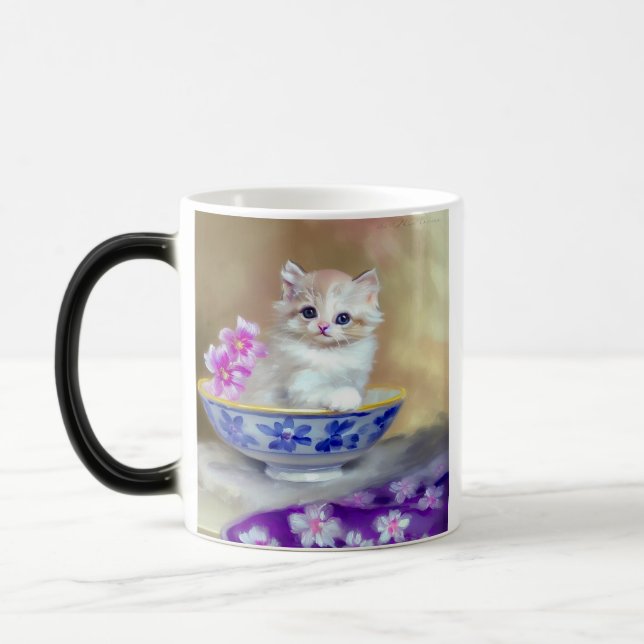 Vintage White Kitten Illustration Magic Mug (Left)