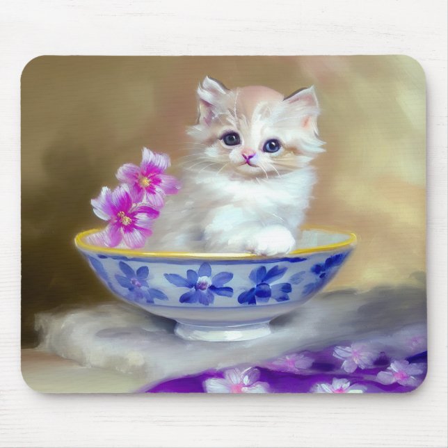 Vintage White Kitten Illustration Mouse Pad (Front)