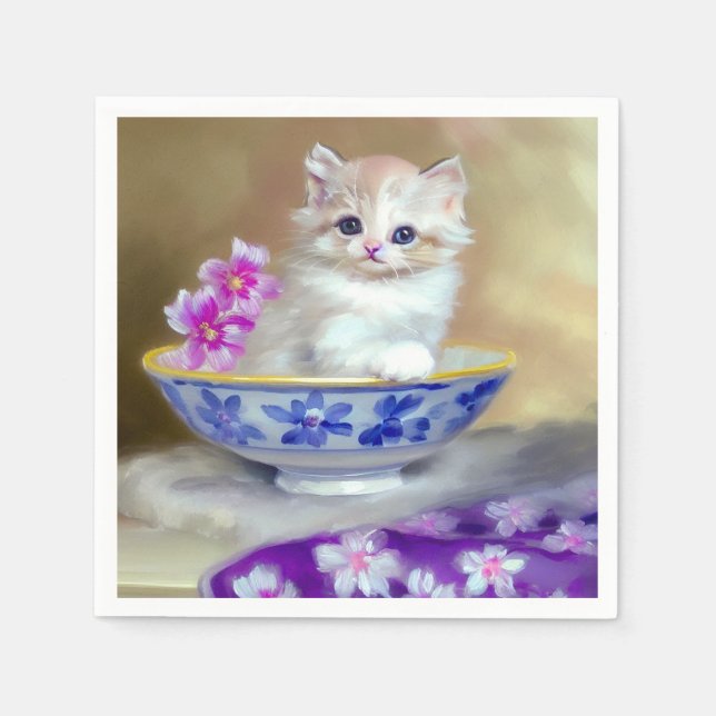 Vintage White Kitten Illustration Napkin (Front)