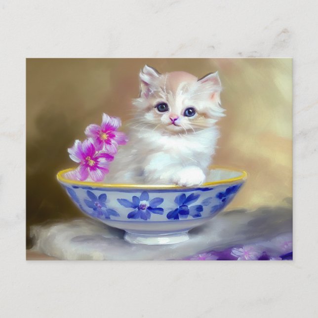 Vintage White Kitten Illustration Postcard (Front)