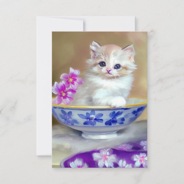 Vintage White Kitten Illustration RSVP Card (Front)