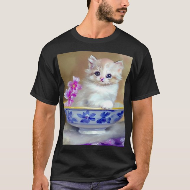Vintage White Kitten Illustration T-Shirt (Front)