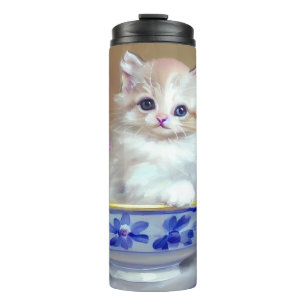 Vintage White Kitten Illustration Thermal Tumbler