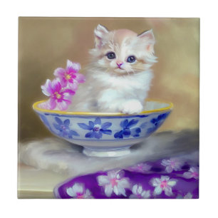 Vintage White Kitten Illustration Tile