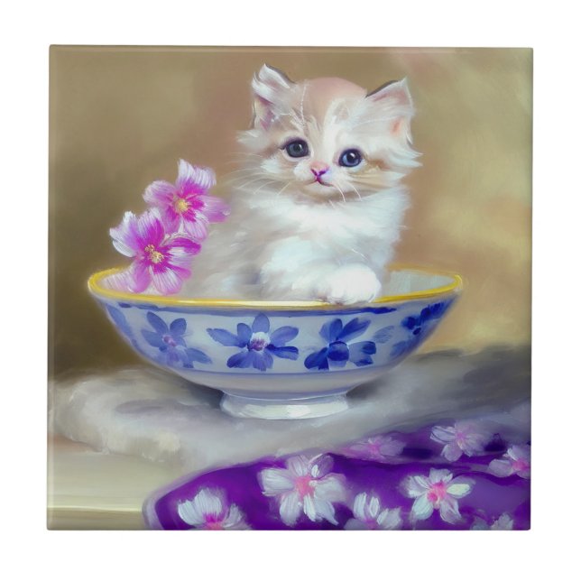Vintage White Kitten Illustration Tile (Front)
